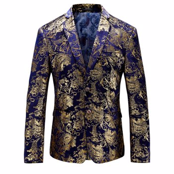 春季韩式金色烫金天鹅绒套装男式蓝色休闲修身印花男式，尺码48-60