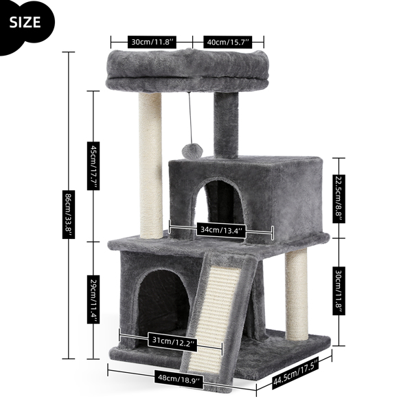 灰色多层豪华猫台带有2个舒适猫窝，1个宽敞的顶部躺窝，猫抓柱，坡道和猫互动玩具晃球-4