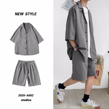 韩式男式套装夹克配短裤夏季男式服装超大短袖夹克及膝长裤