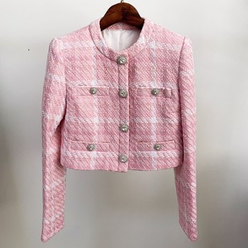 粉色格子编织羊毛女夹克外套2022秋冬定制面料钻石扣短夹克外套高品质