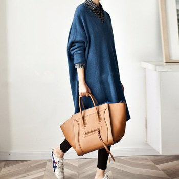 [EWQ]新款秋季长款毛衣女式V领宽松棕色针织套头衫女式套头衫冬季街头上衣