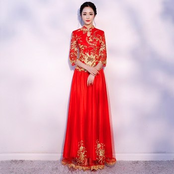 新进旗袍刺绣旗袍女装晚礼服现代中国婚礼新娘传统长袍东方风