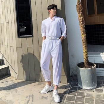 宽松的白色连体裤立领衬衫工作服裤子街头服装舞台秀长裤男式长袖夏季棉质亚麻布男式