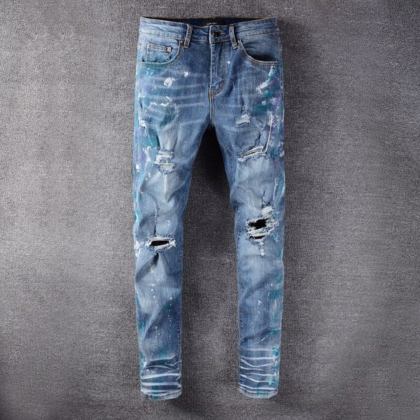 时尚Amir Amiligo Street嘻哈Wash Hole蓝色刺绣牛仔裤#635-3
