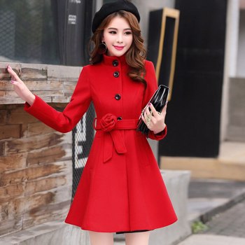 New Women Outerwear Autumn Winter Clothing Korea Fashion Belt Warm Woolen Dress Blends Slim Female Elegant Coat
