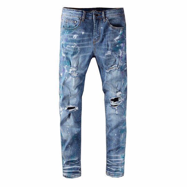 时尚Amir Amiligo Street嘻哈Wash Hole蓝色刺绣牛仔裤#635-12