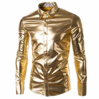 金色银色闪亮皮革涂层衬衫男式Clubwear时尚长袖上扣朋克风格嘻哈加大码Xxxl