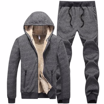 冬季厚保暖羊毛运动服男式套装2件套连帽夹克+运动裤休闲运动服运动服L-5XL