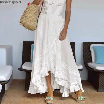 波西米亚风格的白色不对称裙女式弹力腰棉长裙自由码2022夏季Maxi Faldas