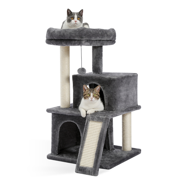 灰色多层豪华猫台带有2个舒适猫窝，1个宽敞的顶部躺窝，猫抓柱，坡道和猫互动玩具晃球-5