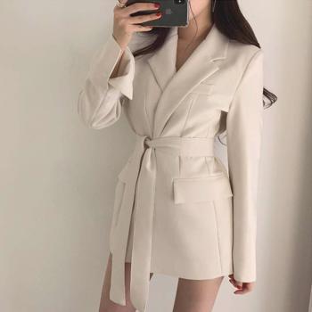 春季韩式复古西装女式宽松腰带全袖外套Blaser Femme长款西装外套