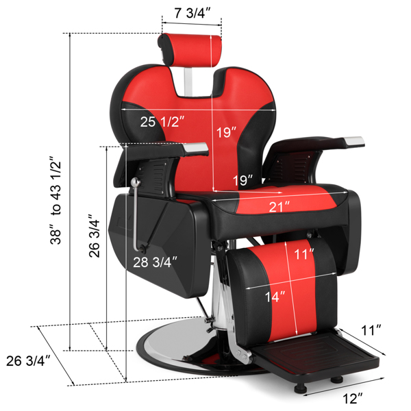 PVC皮套 ABS扶手壳 圆盘带搁脚 可放倒 理发椅 300.00lbs 红黑色 HZ8702C N002-9