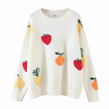 秋春草莓菠萝水果纯棉针织毛衣女式时尚宽松圆领套头衫女式连衣裙