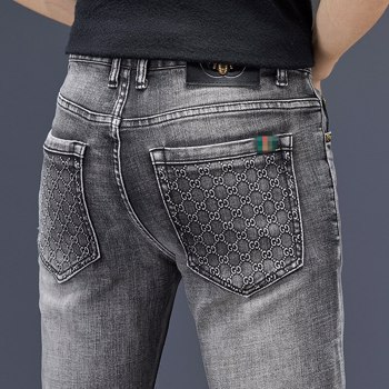 Spring Fashion男式牛仔裤棉质修身弹力蜂牌商务裤西裤经典风格男式牛仔灰色
