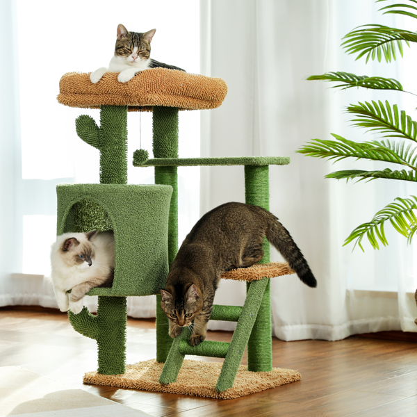 仙人掌系列猫台带有1个舒适的猫窝和顶部躺窝，以及剑麻猫抓柱，吊球和梯子，适合中小型猫-4
