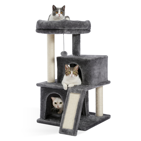 灰色多层豪华猫台带有2个舒适猫窝，1个宽敞的顶部躺窝，猫抓柱，坡道和猫互动玩具晃球-2