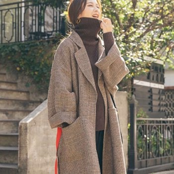 时尚女士羊毛混纺翻领侧缝长外套优雅女士宽松格子外套冬季夹克女式厚款