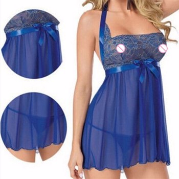 新款1件蓝色蝴蝶结女式长袍女式衬衫性感睡衣Babydoll内衣M-3XL加大码
