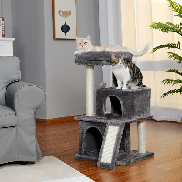 灰色多层豪华猫台带有2个舒适猫窝，1个宽敞的顶部躺窝，猫抓柱，坡道和猫互动玩具晃球-3