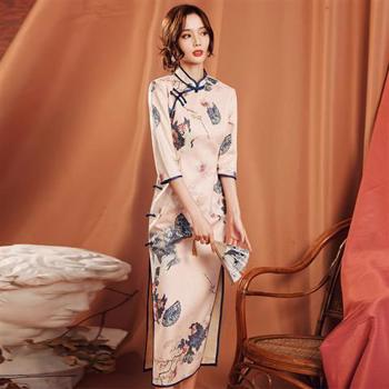 传统中国女性花朵旗袍复古印花分体式晚会礼服性感女士长袍礼服优雅旗袍
