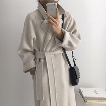 Qiqueen秋冬2022女式优雅长羊毛外套带腰带纯色袖子时尚外套女式大衣