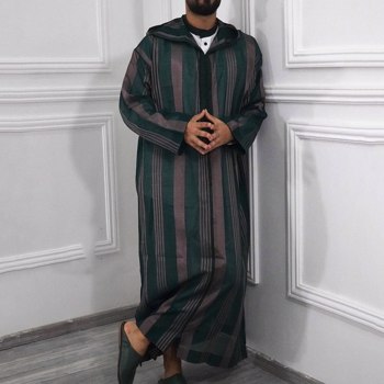 时尚Jubba Thobe男士Abaya穆斯林条纹连帽长袍迪拜阿拉伯Kaftan伊斯兰服装Qamis阿拉伯突厥长袍衬衫连衣裙