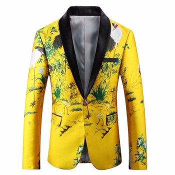 Plyesxale黑黄运动夹克男士2022修身花卉刺绣夹克披肩领休闲套装男士舞会运动夹克Q421