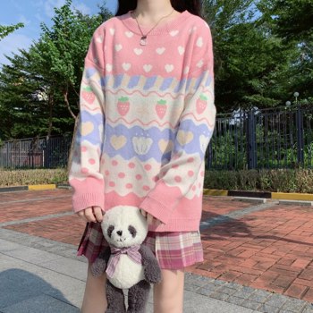 日本Kawaii针织毛衣女式可爱草莓印花长袖套头衫粉色冬季