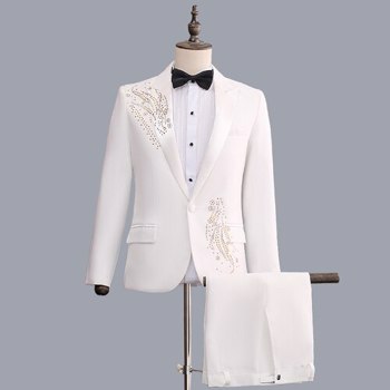 （夹克+裤子）男士套装闪亮水钻黑白套装男歌手合唱团主持人婚礼表演服装大师