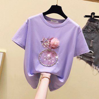 夏季粉色T恤女式上衣Kawaii白色T恤韩式短袖休闲紫色亮片钻石T恤
