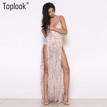 Toplook Heavy Metal Long Dress Sequined Fringed Party Women Sexy Slit Dating Perspective Halter Evening Vestidos Female