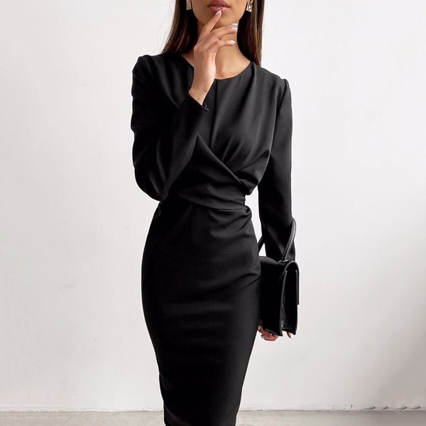 秋冬连衣裙女式2022休闲长袖修身办公紧身连衣裙优雅性感别致交叉褶皱派对-4