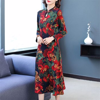 春季中年母亲中国传统风格长袖中长过膝改良旗袍印花旗袍连衣裙