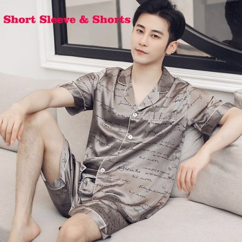 优质男式染色丝绸睡衣套装男式睡衣睡衣男式现代风格短袖短裤套装睡衣夏季