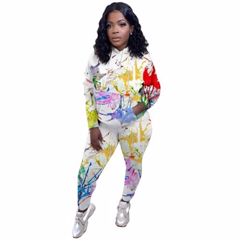 Print女式两件套运动休闲运动服Lounge Sportwear连帽两件套时尚套装上衣和裤子