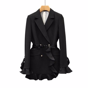女式运动夹克黑色拼花荷叶边套装开槽长袖高腰带腰带2022年秋季女装