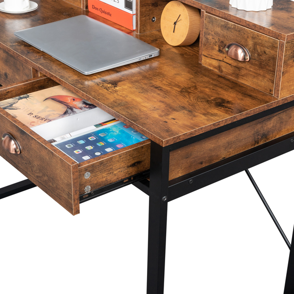 老古木桌面+黑色钢架 刨花板 106*54*90cm 两小抽+两大抽 电脑桌 可用于学习桌 书桌 N001-14