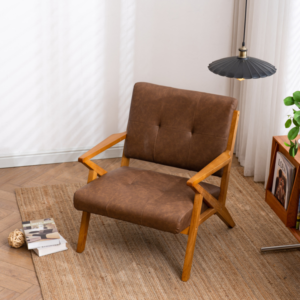 K型扶手单人沙发椅 实木 软包 棕色 室内休闲椅 复古风 N101-8
