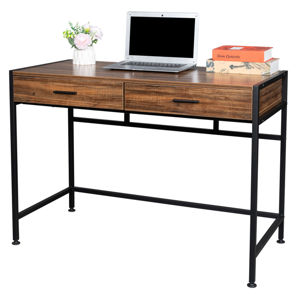 复古木桌面+黑色钢架 刨花板 106*50*75cm 两抽 电脑桌 可用于学习桌 书桌 N001-2
