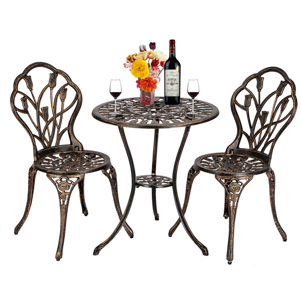 OUTVITA 2pcs单人椅和1pc圆桌 郁金香 玫瑰花型 古铜色 铸件套装 铝 铁 欧洲 N001-1