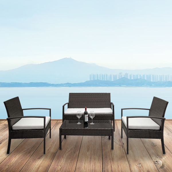 OUTVITA 2pcs单人沙发和1pc双人沙发和1pc茶几 扶手镂空 棕色渐变 编藤四件套 铁框架 欧洲 N001-15