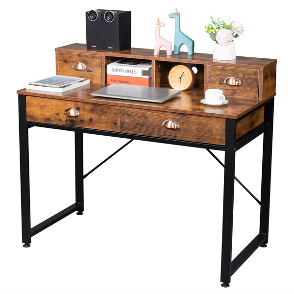 老古木桌面+黑色钢架 刨花板 106*54*90cm 两小抽+两大抽 电脑桌 可用于学习桌 书桌 N001-3