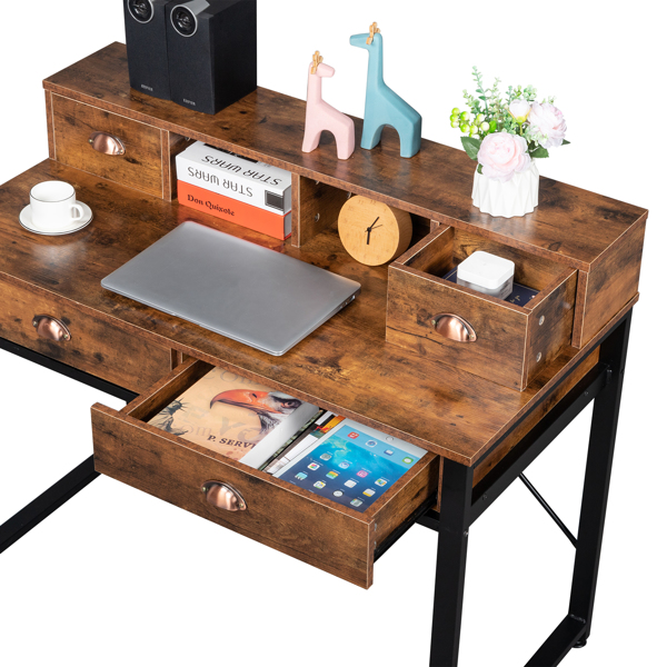 老古木桌面+黑色钢架 刨花板 106*54*90cm 两小抽+两大抽 电脑桌 可用于学习桌 书桌 N001-13