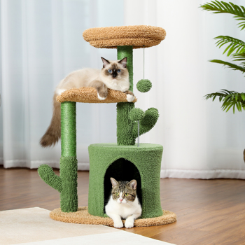 仙人掌系列猫台带有1个舒适的猫窝，宽敞的顶部躺窝，吊床，剑麻猫抓柱和吊球，适合中小型猫锻炼休息
