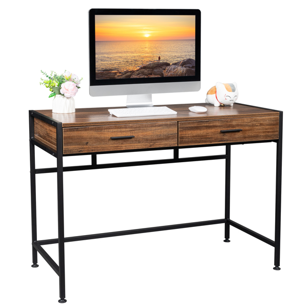 复古木桌面+黑色钢架 刨花板 106*50*75cm 两抽 电脑桌 可用于学习桌 书桌 N001-8