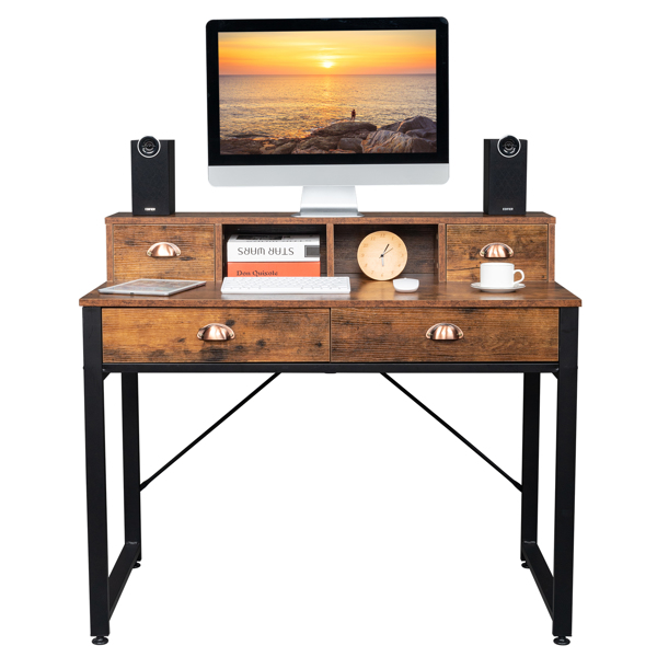 老古木桌面+黑色钢架 刨花板 106*54*90cm 两小抽+两大抽 电脑桌 可用于学习桌 书桌 N001-6