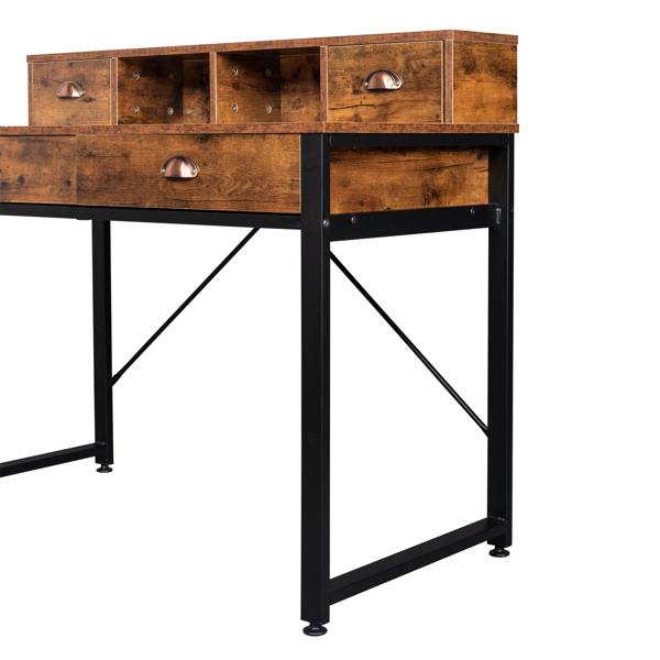 老古木桌面+黑色钢架 刨花板 106*54*90cm 两小抽+两大抽 电脑桌 可用于学习桌 书桌 N001-7