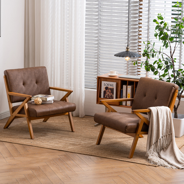 K型扶手单人沙发椅 实木 软包 棕色 室内休闲椅 复古风 N101-30
