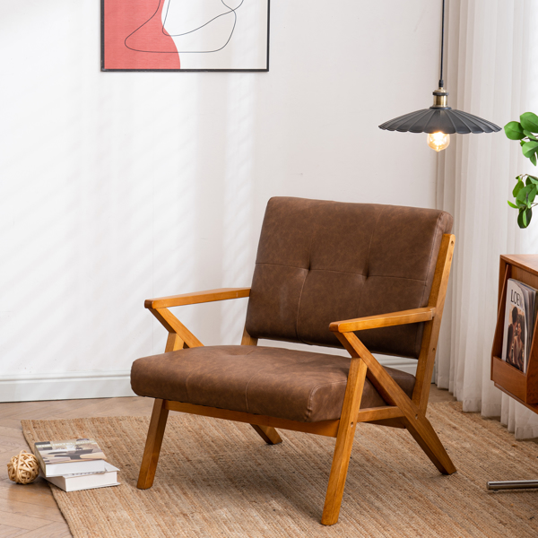 K型扶手单人沙发椅 实木 软包 棕色 室内休闲椅 复古风 N101-9