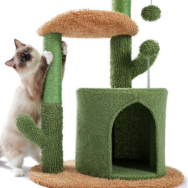 仙人掌系列猫台带有1个舒适的猫窝，宽敞的顶部躺窝，吊床，剑麻猫抓柱和吊球，适合中小型猫锻炼休息-9